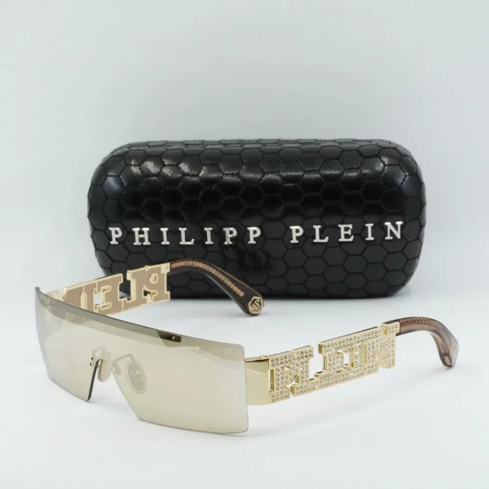 Gold Shield Rimless Sunglasses with Embellished Temples